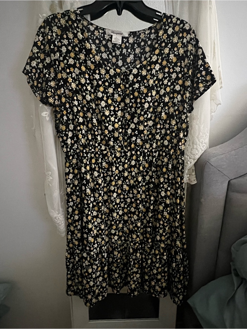 Passport Black Mini Dress with Yellow & White Daisy Pattern